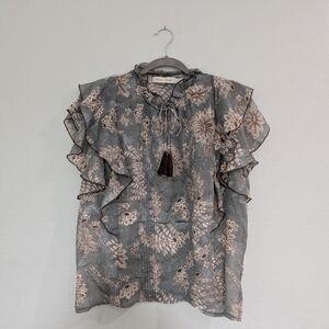Bishop + Young Anthropologie Floral‎ Ruffle Neck Blouse Size Medium Cute Tassels